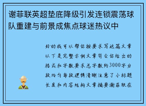谢菲联英超垫底降级引发连锁震荡球队重建与前景成焦点球迷热议中