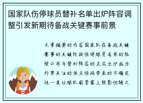 国家队伤停球员替补名单出炉阵容调整引发新期待备战关键赛事前景